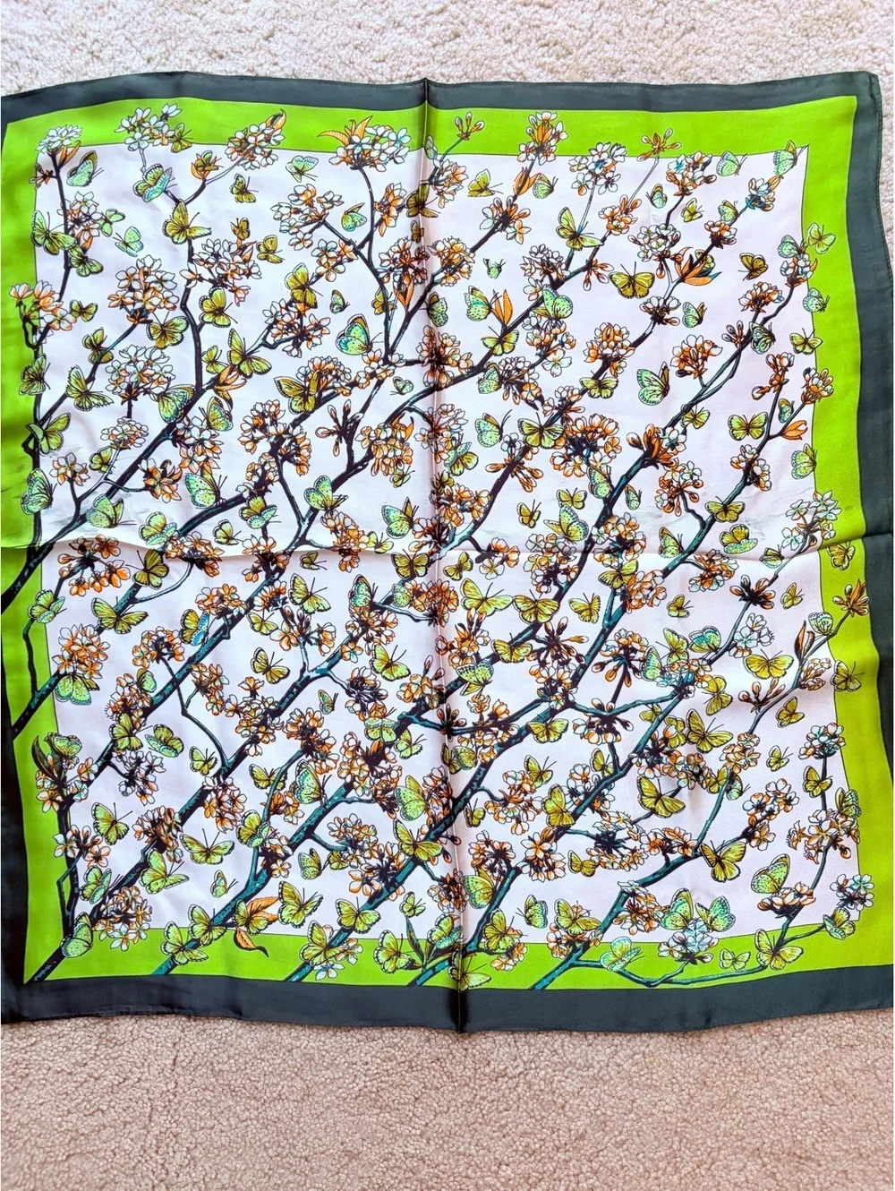 Elegant Floral Pattern Scarf with Green and Black Border